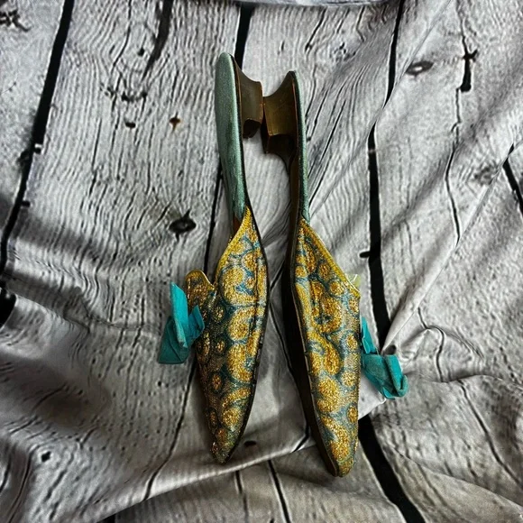 Vintage Ornate Brocade Bow Low Heel House Jacquard Slippers Gold Teal AS IS 10.5 - Picture 1 of 8